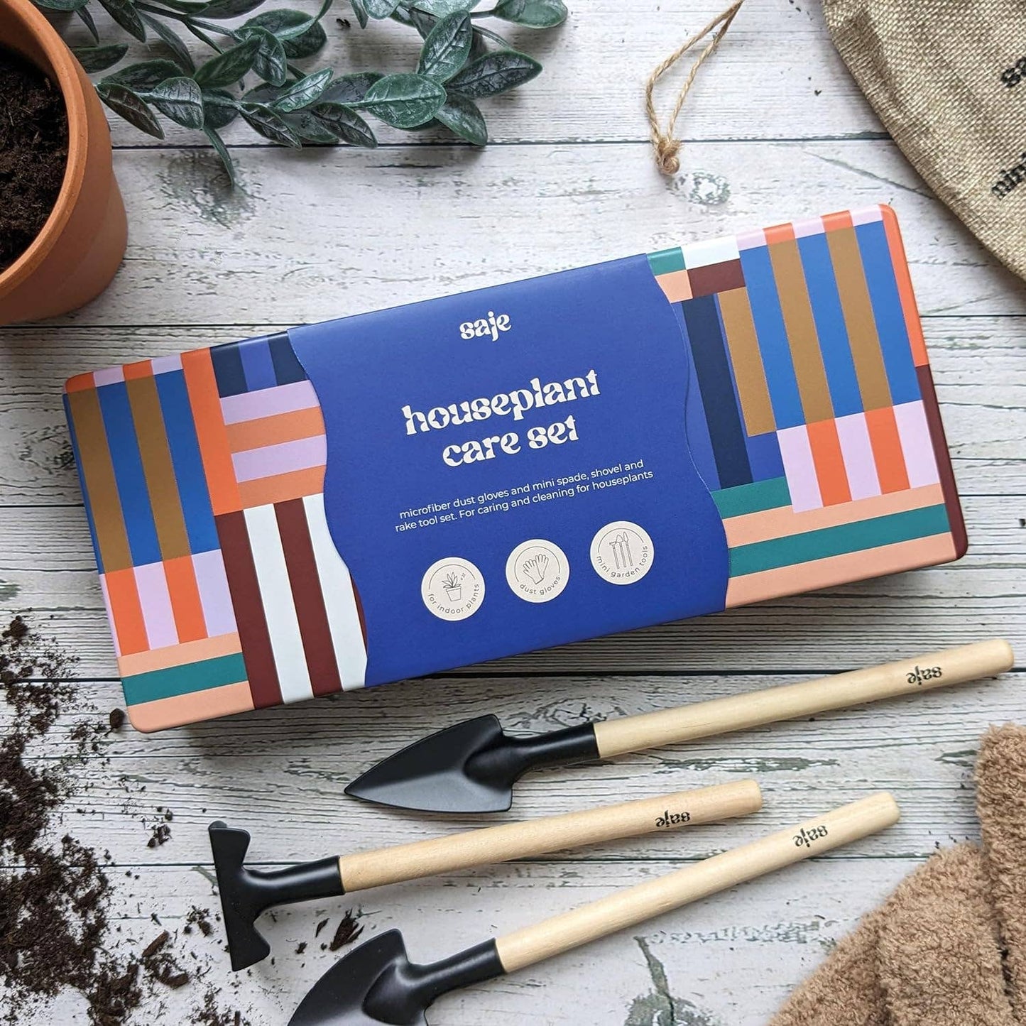 Saje Zimmerpflanzen-Pflegeset - Blätterstaub-Handschuhe und Mini-Werkzeuge