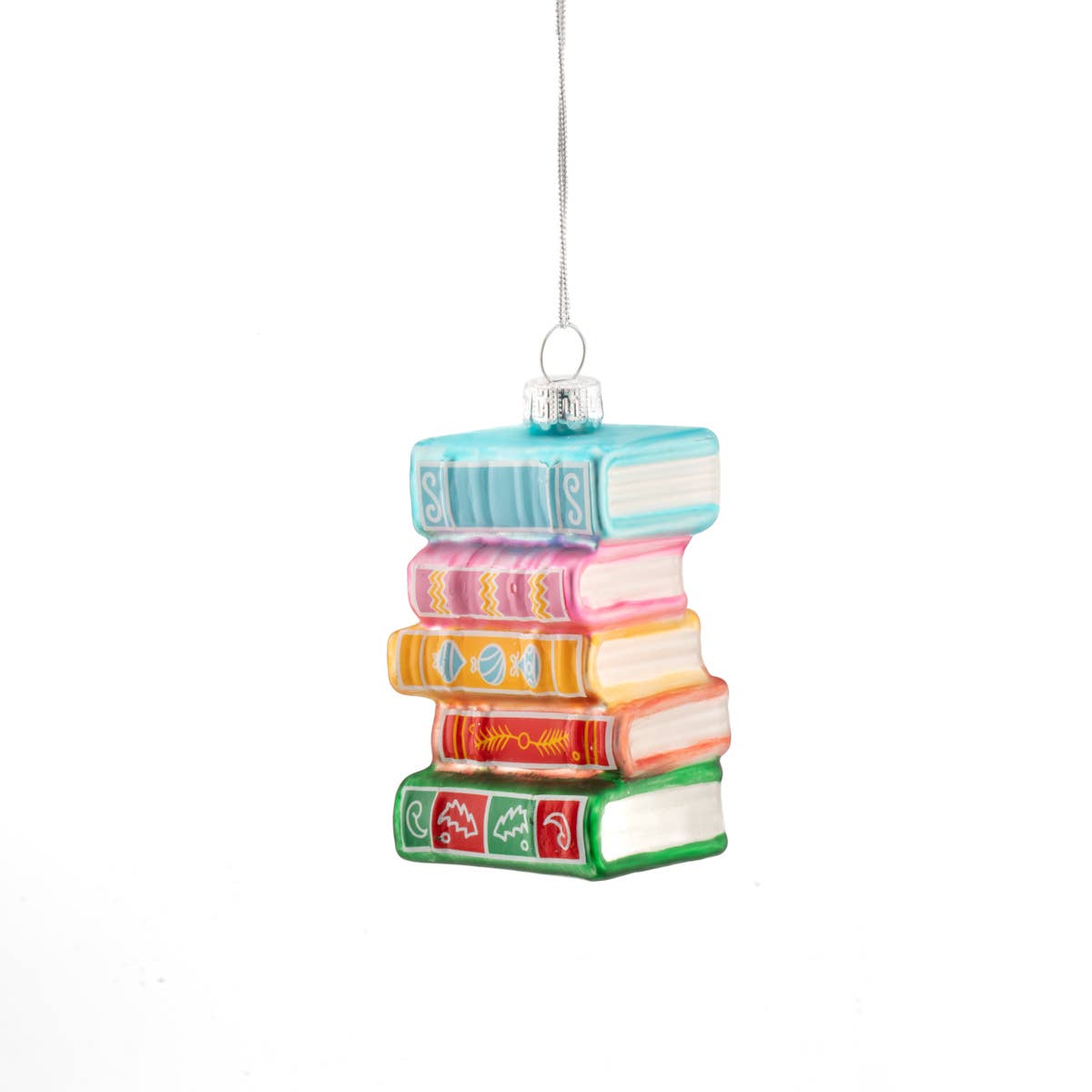Pastellfarbene Christbaumkugel in Form eines Bücherstapels